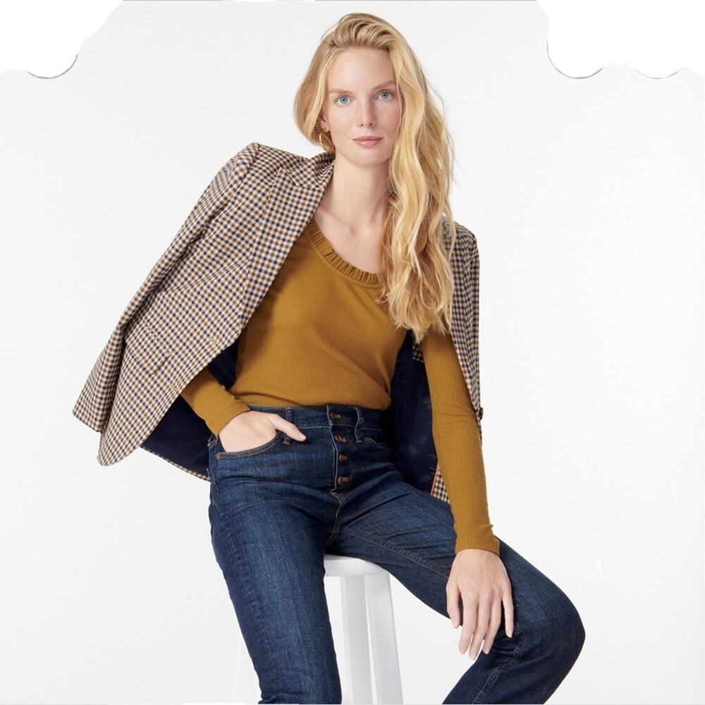J. Crew Ribbed Ruffle Neck Long Sleeve Top Bronze Yellow Size Small